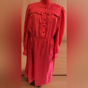 Vintage Red Midi Dress Black Checkered Print Size Medium No Tags Ruffle Trim.